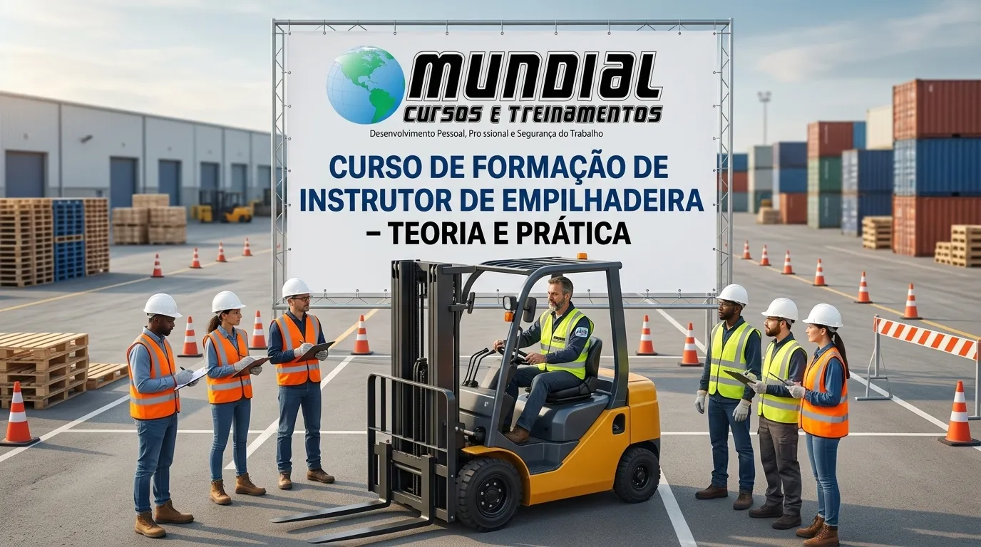 Instrutor capacitando operadores de empilhadeira conforme NR-11