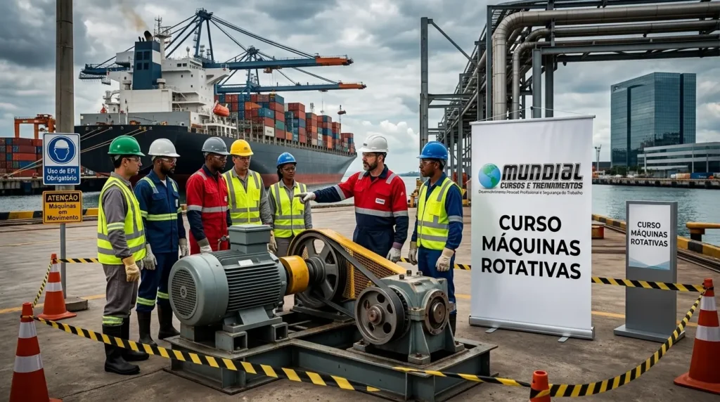 Instrutor orienta seis participantes de colete e capacete ao redor de um motor e redutor industrial, em ambiente portuário com contêineres ao fundo
