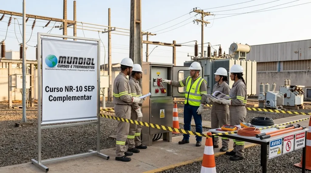 Instrutor com prancheta orienta três participantes de capacete e luva isolante próximos a equipamentos de subestação elétrica