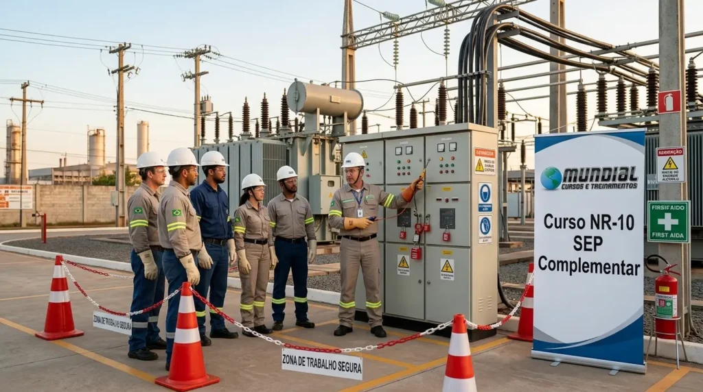 Instrutor orienta quatro participantes de capacete e luva isolante em subestação elétrica, com transformadores e faixa de área restrita ao fundo