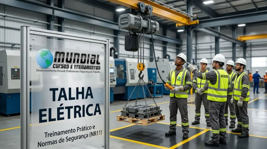 Instrutor com controle remoto demonstra a operação de uma talha elétrica a quatro participantes de colete e capacete em um galpão