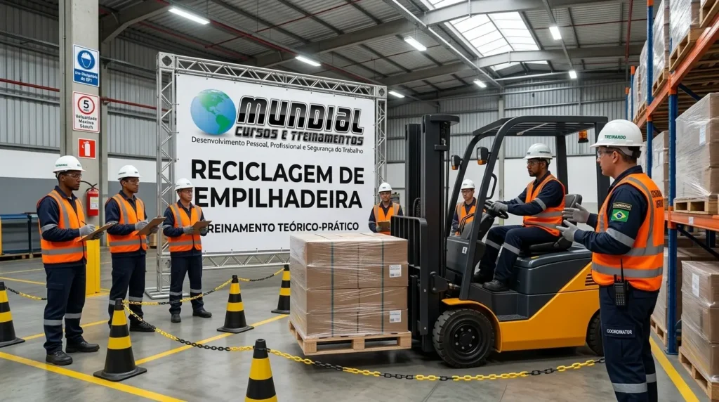 Instrutor com prancheta observa um operador em uma empilhadeira movimentando paletes em um centro de distribuição, com dois colegas de colete ao lado