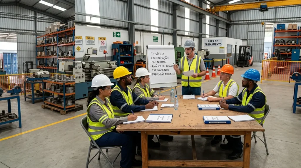 Instrutor conduz aula com quadro branco para cinco participantes de colete e capacete, em uma área de treinamento industrial