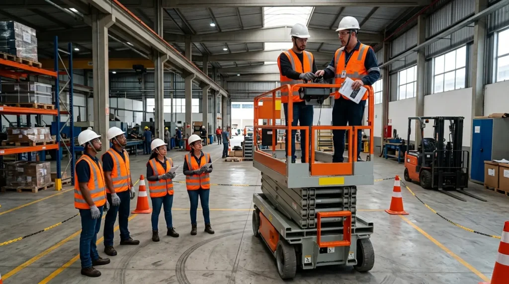 Instrutor e operador sobre uma plataforma elevatória tipo tesoura, com quatro participantes observando, em um galpão industrial