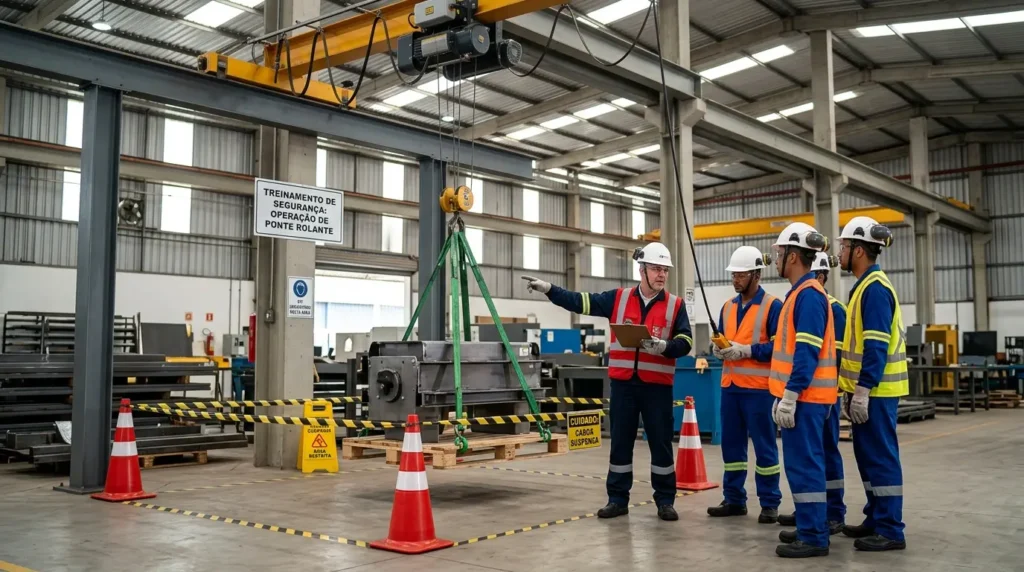 Instrutor com prancheta orienta cinco operadores de colete e capacete em treinamento de ponte rolante, em um galpão industrial com cones e área sinalizada